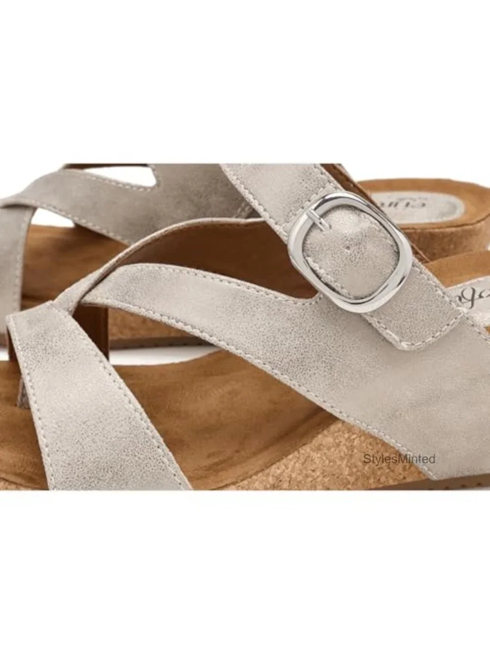 Women's Wedge Sandals Faux Leather Thong Buckle Adjustable Microsuede Footbed